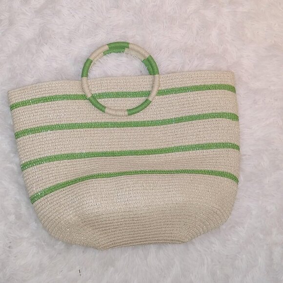 NEIMAN MARCUS Elegant Green Beach Straw Tote Bag - Picture 2 of 7